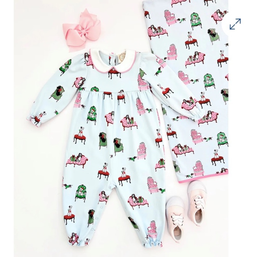 TBBC Long Sleeve Britt Romper Paw-recious with Hamptons Hot Pink